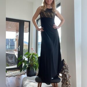 Black and Gold floor length Gown with Peakaboo mesh window on bust Prom Gala